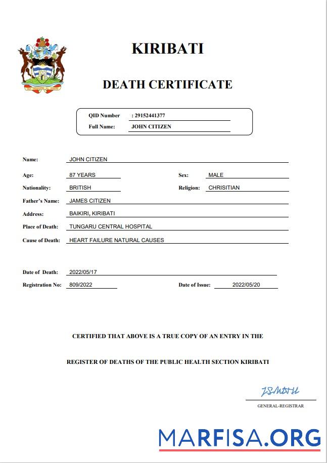 Printable Kiribati vital record death certificate Word and PDF template